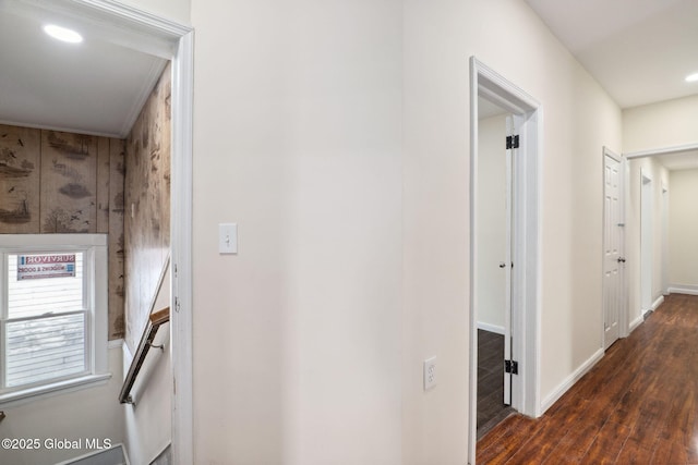 21 Kimball St, Amsterdam, NY 12010 - hall with dark wood finished floors, recessed lighting, baseboards, and an upstairs landing