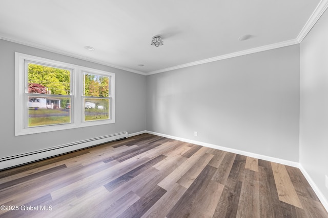 7116 Fuller Station Rd, Schenectady, NY 12303 - unfurnished room featuring a baseboard heating unit, wood finished floors, ornamental molding, and baseboards