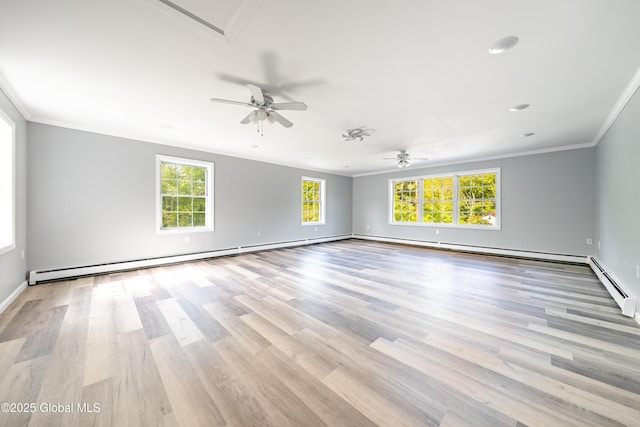 7116 Fuller Station Rd, Schenectady, NY 12303 - unfurnished room featuring a baseboard heating unit, crown molding, a ceiling fan, light wood-style floors, and baseboards