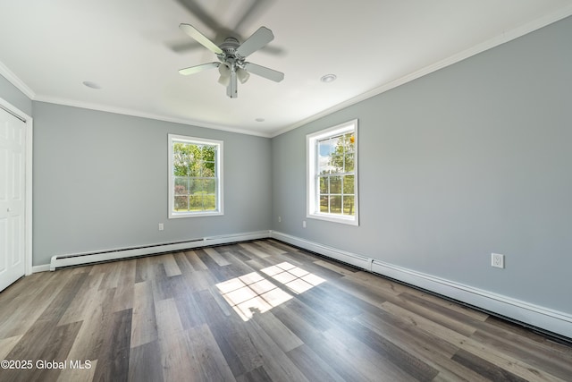 7116 Fuller Station Rd, Schenectady, NY 12303 - unfurnished bedroom featuring crown molding, wood finished floors, baseboard heating, baseboards, and a ceiling fan