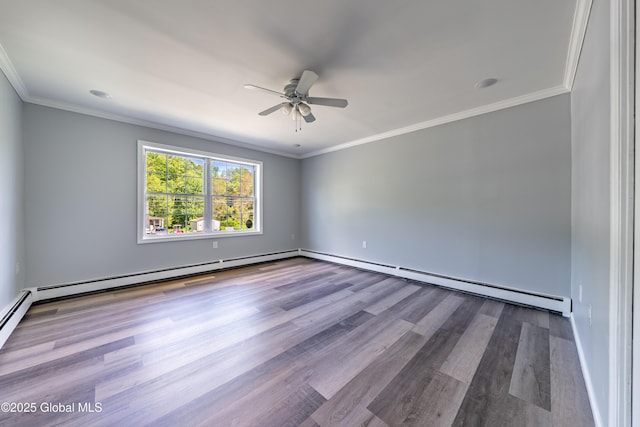 7116 Fuller Station Rd, Schenectady, NY 12303 - empty room featuring ceiling fan, wood finished floors, a baseboard radiator, ornamental molding, and baseboards
