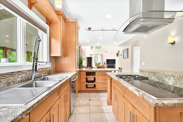 2085 Weast Rd, Princetown, NY 12137 - kitchen with black electric stovetop, extractor fan, dishwasher, light tile patterned floors, and a sink