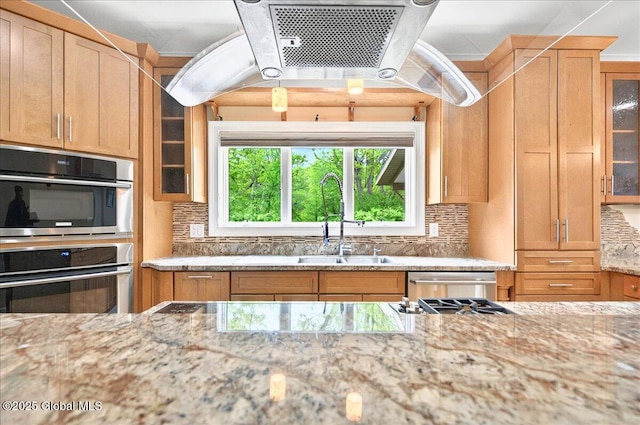 2085 Weast Rd, Princetown, NY 12137 - kitchen featuring decorative backsplash, ventilation hood, plenty of natural light, and stainless steel appliances