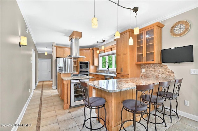 2085 Weast Rd, Princetown, NY 12137 - kitchen featuring wine cooler, crown molding, stainless steel appliances, island exhaust hood, and a peninsula