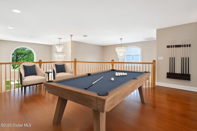 2085 Weast Rd, Princetown, NY 12137 - game room featuring a chandelier, wood finished floors, baseboards, recessed lighting, and pool table