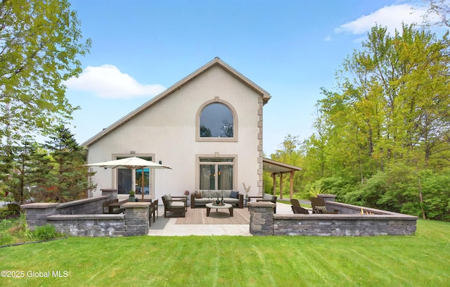 2085 Weast Rd, Princetown, NY 12137 - back of property with an outdoor living space, a patio area, a yard, and stucco siding