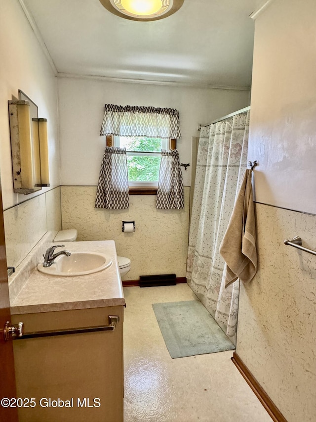 210 County Route 44, Argyle, NY 12809 - bathroom featuring vanity, toilet, a shower with curtain, baseboards, and ornamental molding