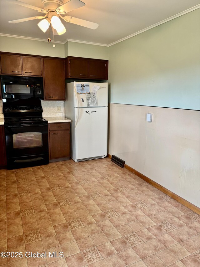 210 County Route 44, Argyle, NY 12809 - kitchen featuring black appliances, dark brown cabinetry, light countertops, baseboards, and crown molding
