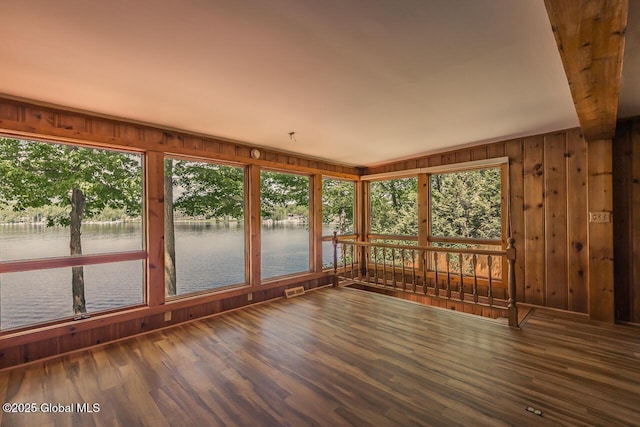 241 Kunkel Rd, Mayfield, NY 12117 - unfurnished sunroom with a water view, wood finished floors, and wood walls