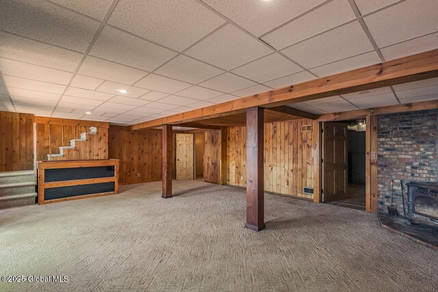 241 Kunkel Rd, Mayfield, NY 12117 - finished basement with carpet, stairs, a paneled ceiling, wooden walls, and recessed lighting