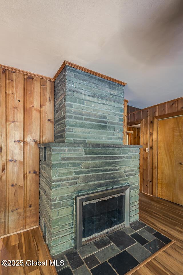 241 Kunkel Rd, Mayfield, NY 12117 - detailed view of a fireplace, wood walls, and wood finished floors
