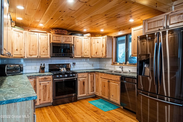 209 Chester Shores Rdg, Chester, NY 12817 - kitchen featuring stainless steel appliances, a sink, wooden ceiling, light wood finished floors, and tasteful backsplash