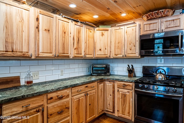 209 Chester Shores Rdg, Chester, NY 12817 - kitchen featuring range with gas stovetop, stainless steel microwave, recessed lighting, wood ceiling, and dark wood-type flooring