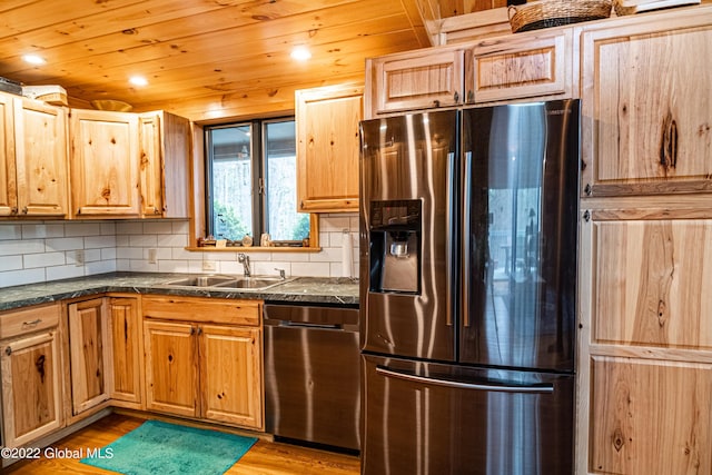209 Chester Shores Rdg, Chester, NY 12817 - kitchen with stainless steel appliances, wooden ceiling, a sink, dark countertops, and light wood-style flooring