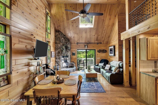 209 Chester Shores Rdg, Chester, NY 12817 - dining area featuring a ceiling fan, light wood-type flooring, high vaulted ceiling, wooden ceiling, and wood walls
