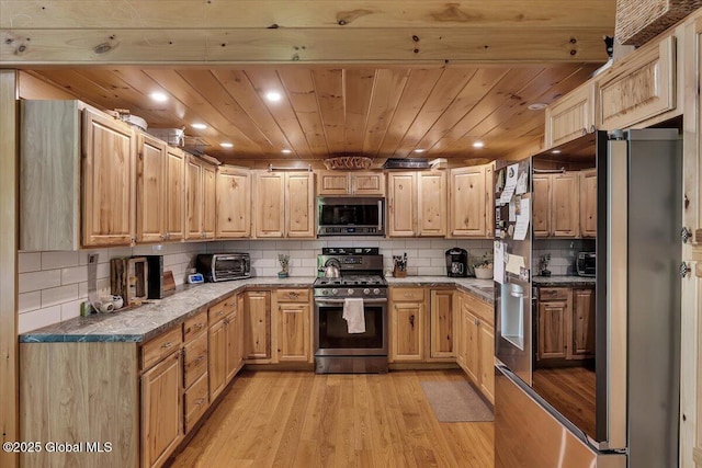 209 Chester Shores Rdg, Chester, NY 12817 - kitchen featuring stainless steel appliances, light wood-type flooring, recessed lighting, light brown cabinets, and decorative backsplash