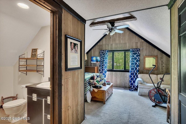 209 Chester Shores Rdg, Chester, NY 12817 - sitting room featuring wood walls, carpet flooring, a ceiling fan, and a textured ceiling