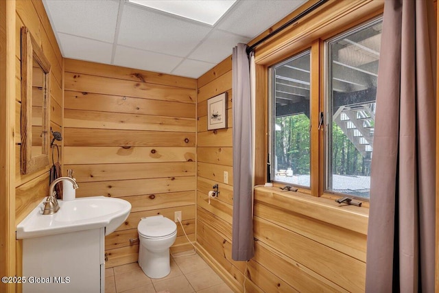 209 Chester Shores Rdg, Chester, NY 12817 - bathroom with toilet, tile patterned flooring, vanity, wooden walls, and a paneled ceiling