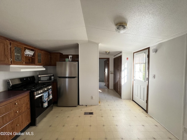 66 Plains Rd, Jackson, NY 12816 - kitchen with stainless steel appliances, under cabinet range hood, light flooring, dark countertops, and glass insert cabinets