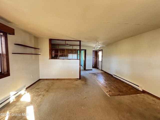 66 Plains Rd, Jackson, NY 12816 - unfurnished living room with baseboard heating, carpet floors, ceiling fan, and baseboards