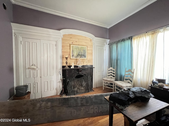 50 W Main St, Cambridge, NY 12816 - living area featuring ornamental molding, wood finished floors, and a fireplace