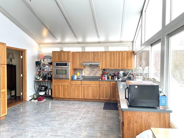 667-669 Ash Grove Rd, White Creek, NY 12816 - kitchen with black appliances, under cabinet range hood, tasteful backsplash, a sink, and lofted ceiling