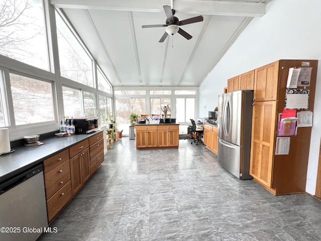 667-669 Ash Grove Rd, White Creek, NY 12816 - kitchen with stainless steel appliances, beam ceiling, dark countertops, high vaulted ceiling, and a ceiling fan