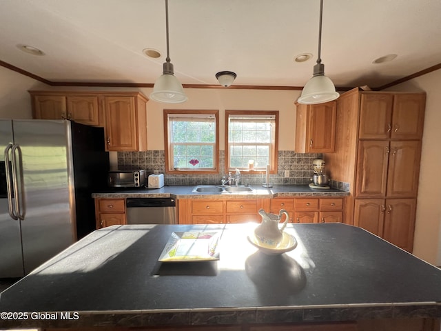 667-669 Ash Grove Rd, White Creek, NY 12816 - kitchen featuring a sink, appliances with stainless steel finishes, ornamental molding, dark countertops, and tasteful backsplash