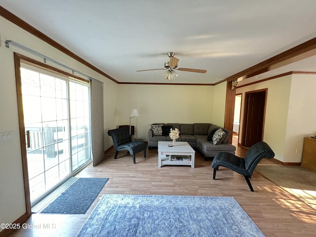 667-669 Ash Grove Rd, White Creek, NY 12816 - living room featuring light wood-style floors, ceiling fan, ornamental molding, and baseboards