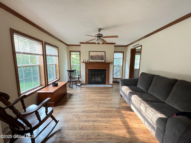 667-669 Ash Grove Rd, White Creek, NY 12816 - living area featuring ceiling fan, wood finished floors, healthy amount of natural light, a fireplace with flush hearth, and crown molding