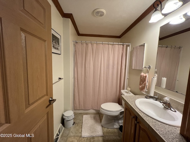 667-669 Ash Grove Rd, White Creek, NY 12816 - full bathroom featuring crown molding, toilet, vanity, and shower / bathtub combination with curtain