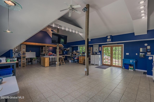 7 Western Ave, Charlton, NY 12019 - interior space with ceiling fan, high vaulted ceiling, and french doors