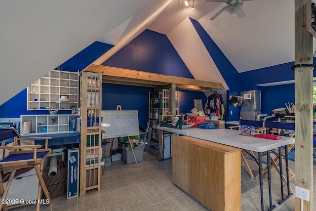 7 Western Ave, Charlton, NY 12019 - kitchen with tile patterned floors, a ceiling fan, and vaulted ceiling