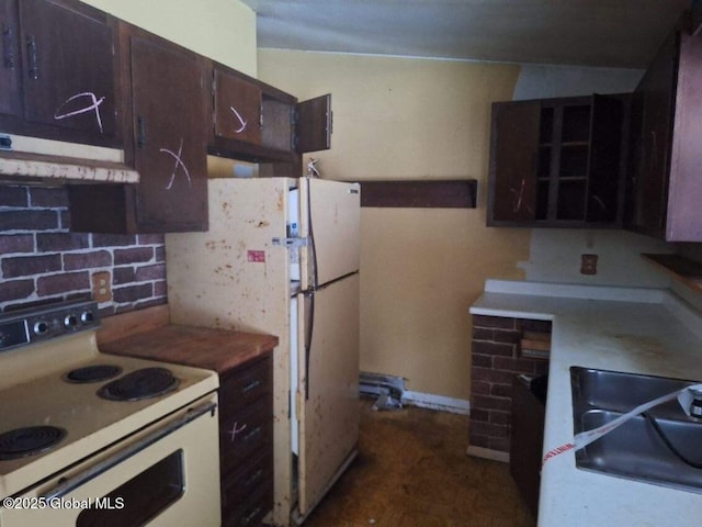 2459 Delaware Tpke, New Scotland, NY 12186 - kitchen featuring white appliances, tasteful backsplash, dark brown cabinets, under cabinet range hood, and light countertops