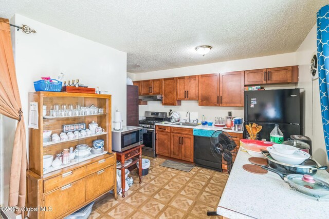 27 Columbia St, Hudson, NY 12534 - kitchen featuring appliances with stainless steel finishes, a sink, light countertops, under cabinet range hood, and a textured ceiling