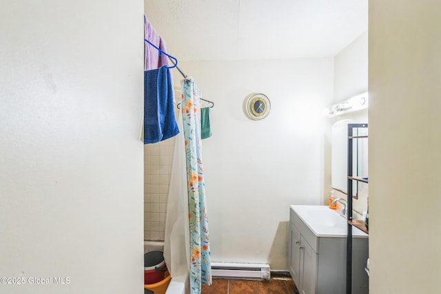 27 Columbia St, Hudson, NY 12534 - bathroom with a baseboard radiator, vanity, and shower / bath combo with shower curtain