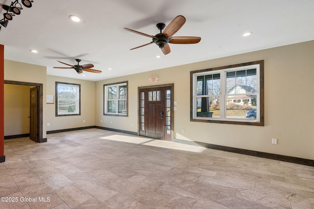 658 Saratoga Rd, Glenville, NY 12302 - foyer featuring a ceiling fan, baseboards, recessed lighting, and light stone finish floors