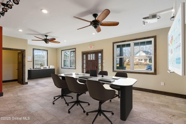 658 Saratoga Rd, Glenville, NY 12302 - dining area featuring ceiling fan, baseboards, recessed lighting, a desk, and light stone finish floors