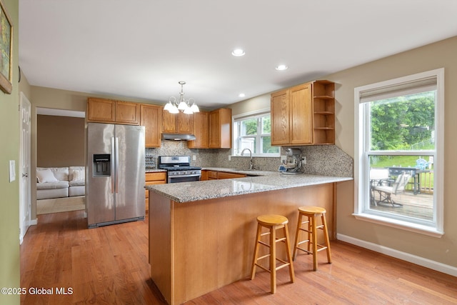 51 Wynantskill Way, Troy, NY 12180 - kitchen featuring stainless steel appliances, open shelves, a peninsula, decorative backsplash, and light wood-type flooring