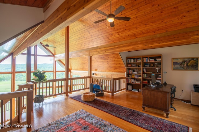 47 County Route 28, Hebron, NY 12832 - office area with a ceiling fan, wood finished floors, wooden ceiling, lofted ceiling, and wood walls