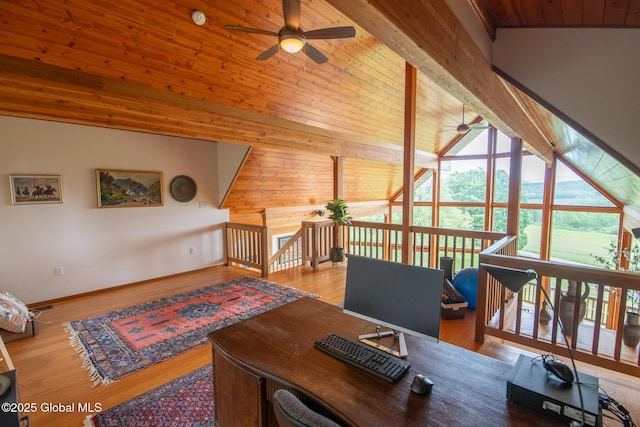 47 County Route 28, Hebron, NY 12832 - office with a ceiling fan, wood ceiling, wooden walls, wood finished floors, and baseboards
