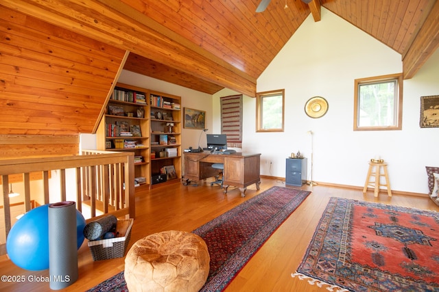 47 County Route 28, Hebron, NY 12832 - home office with wood finished floors, ceiling fan, wooden ceiling with exposed beams, baseboards, and high vaulted ceiling