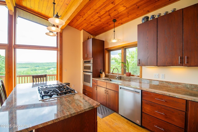47 County Route 28, Hebron, NY 12832 - kitchen featuring appliances with stainless steel finishes, a sink, vaulted ceiling, wood ceiling, and light wood-type flooring