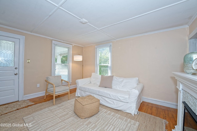 970 Main St, Clifton Park, NY 12065 - living area featuring a fireplace, baseboards, light wood-type flooring, and crown molding