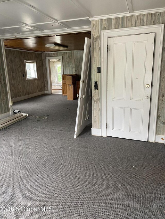 3847 Main St, Warrensburg, NY 12885 - below grade area featuring carpet, wood walls, and baseboards