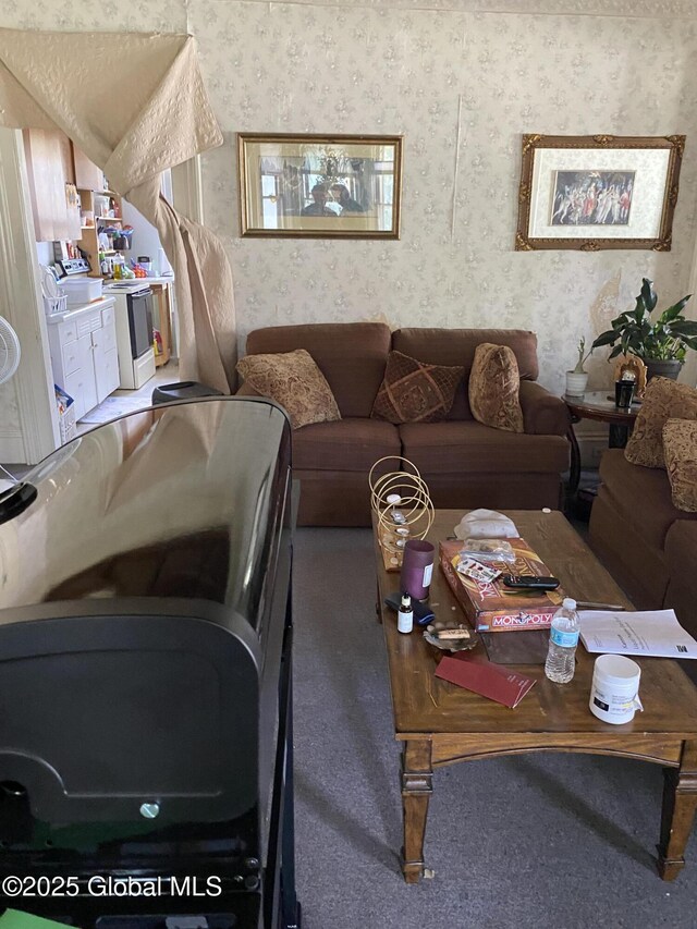 3847 Main St, Warrensburg, NY 12885 - carpeted living area featuring wallpapered walls