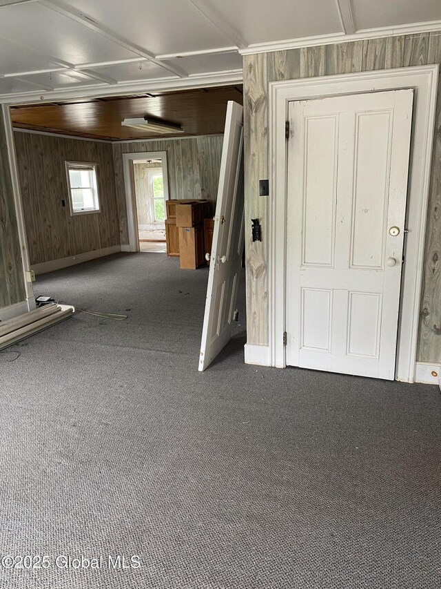 3847 Main St, Warrensburg, NY 12885 - basement with carpet, wooden walls, and baseboards