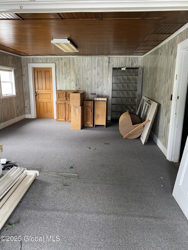 3847 Main St, Warrensburg, NY 12885 - interior space with carpet, wooden walls, baseboards, and wood ceiling