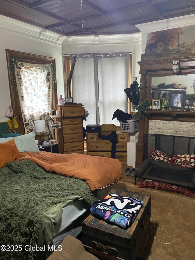 3847 Main St, Warrensburg, NY 12885 - bedroom featuring coffered ceiling, beamed ceiling, ornamental molding, and a fireplace