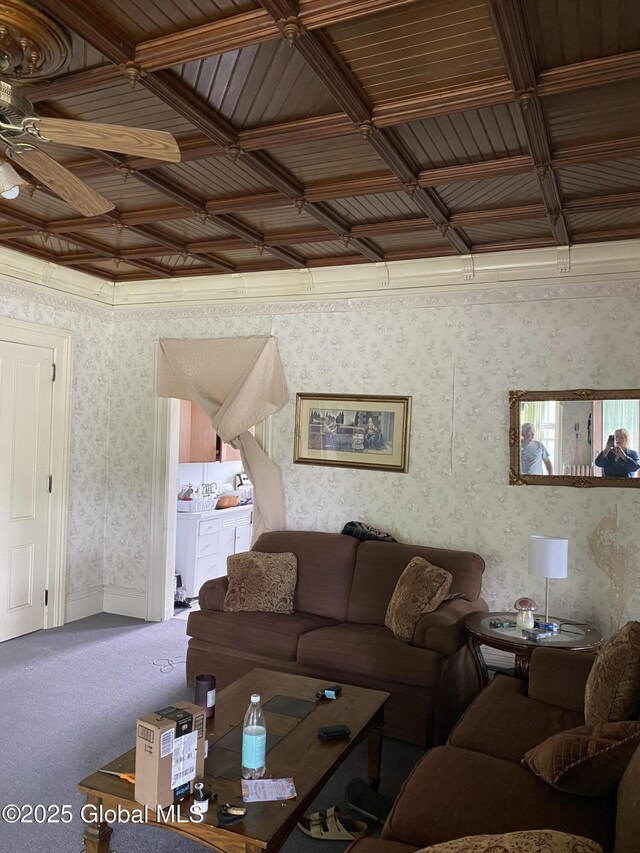 3847 Main St, Warrensburg, NY 12885 - carpeted living area featuring wallpapered walls and a ceiling fan